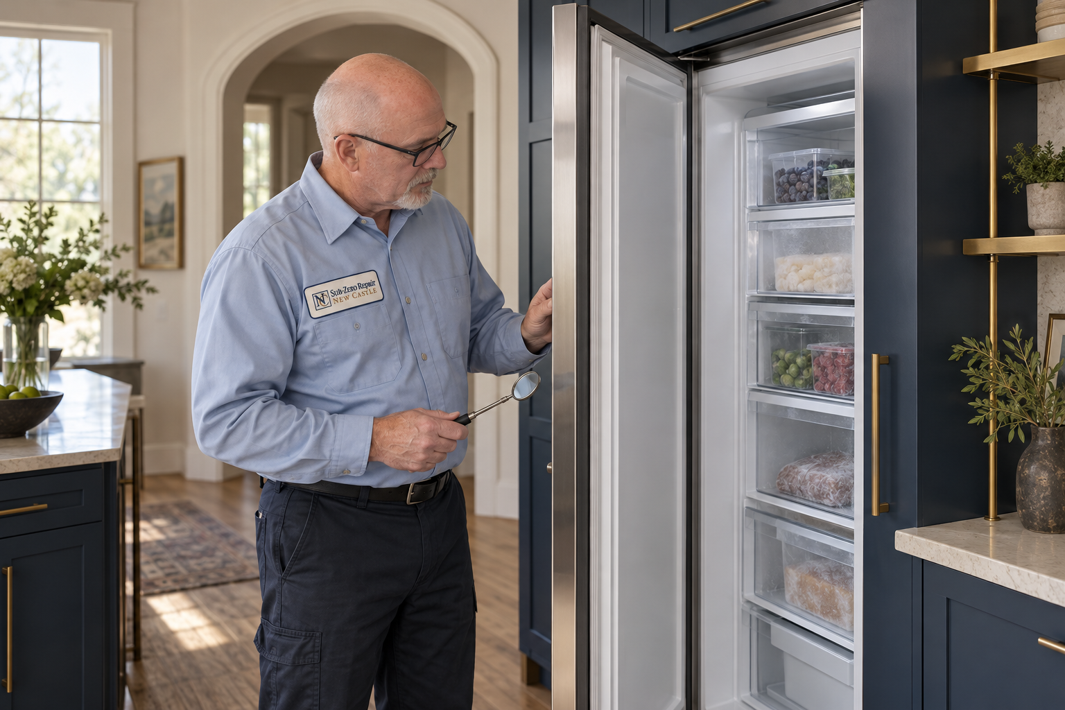 Fictional technician beside a Sub-Zero freezer — AI illustration for Sub-Zero Repair New Castle