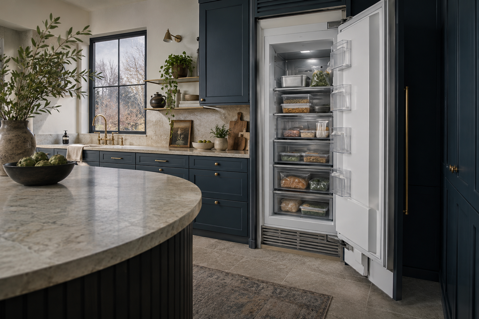Illustrative Sub-Zero freezer in a residential kitchen — AI image for Sub-Zero Repair New Castle