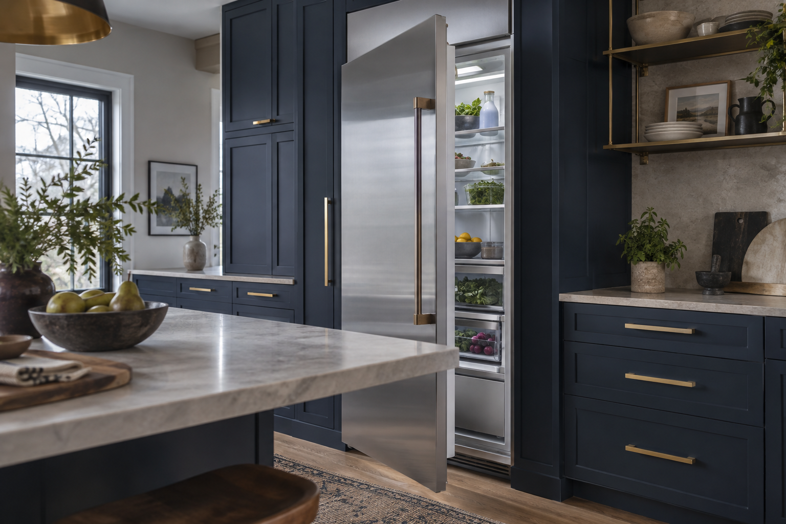 Illustrative Monogram refrigerator in a residential kitchen — AI image for Sub-Zero Repair New Castle