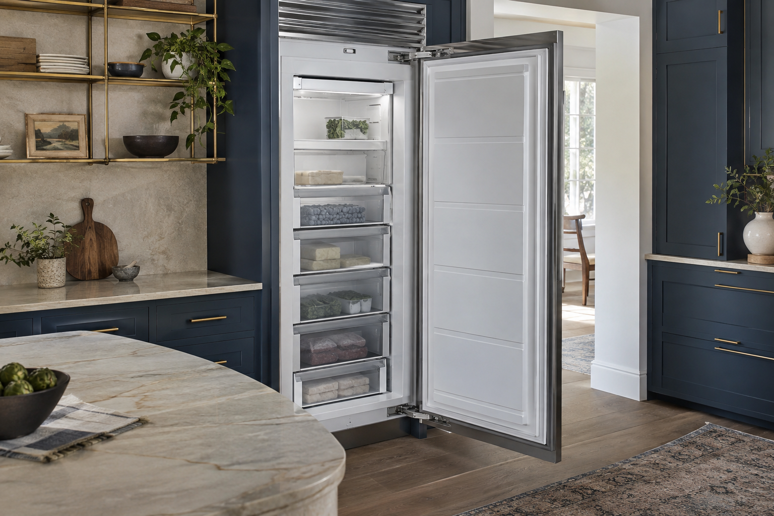 Illustrative Sub-Zero freezer in a residential kitchen — AI image for Sub-Zero Repair New Castle