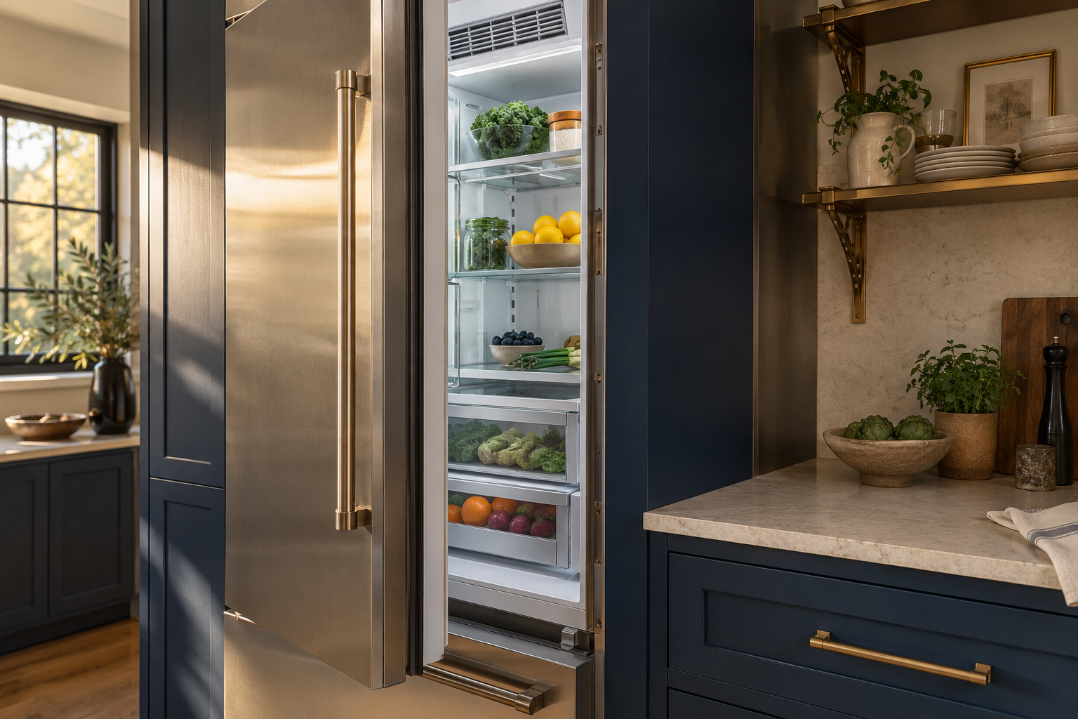 Illustrative Monogram refrigerator in a residential kitchen — AI image for Sub-Zero Repair New Castle
