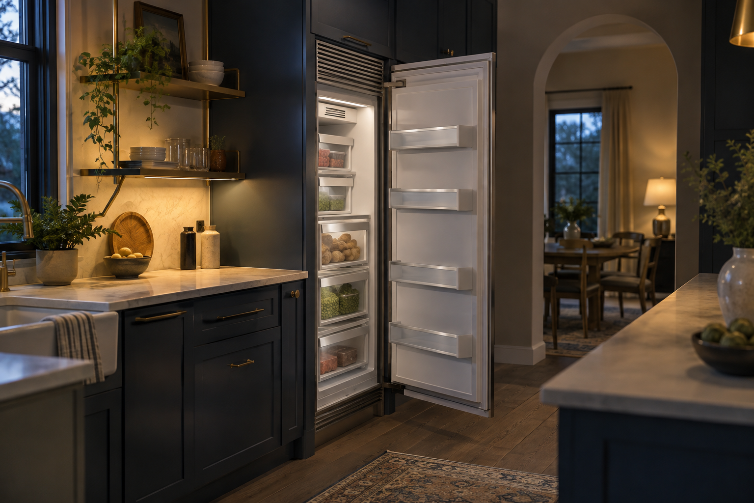 Illustrative Sub-Zero freezer in a residential kitchen — AI image for Sub-Zero Repair New Castle
