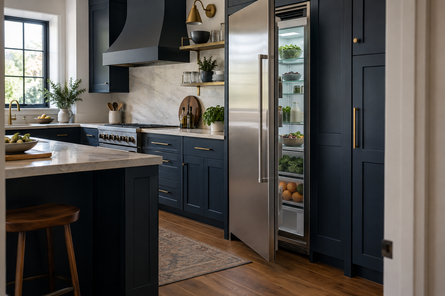Illustrative Monogram refrigerator in a residential kitchen — AI image for Sub-Zero Repair New Castle