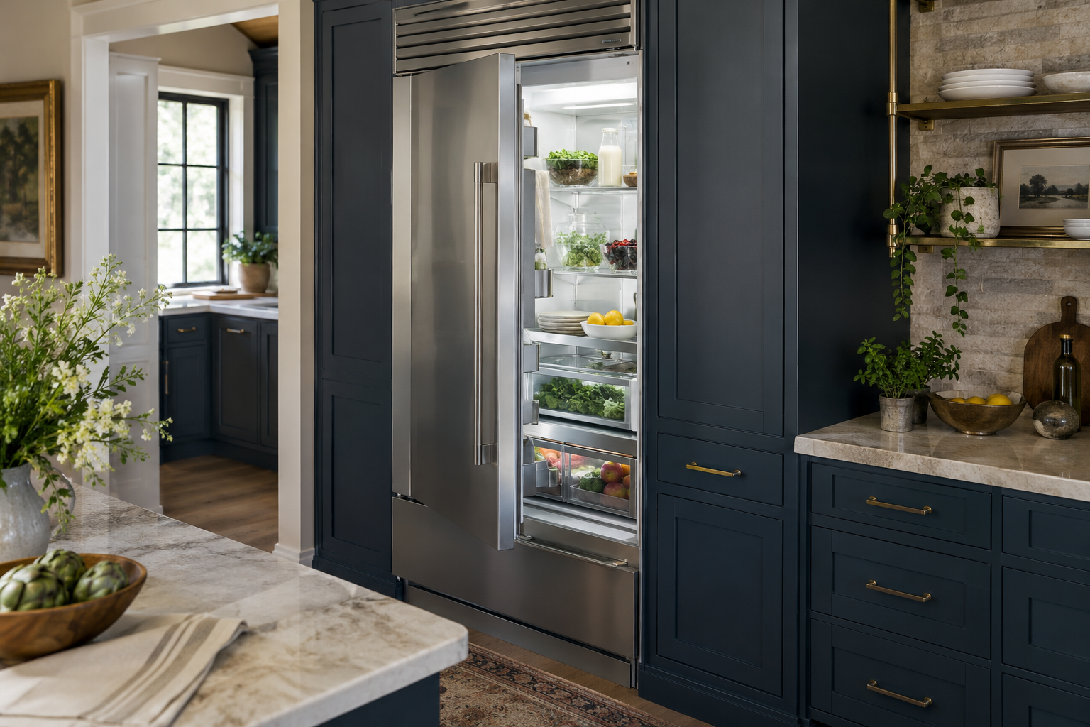 Illustrative Sub-Zero refrigerator in a residential kitchen — AI image for Sub-Zero Repair New Castle