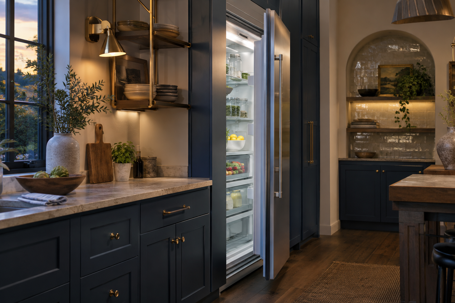 Illustrative Monogram refrigerator in a residential kitchen — AI image for Sub-Zero Repair New Castle