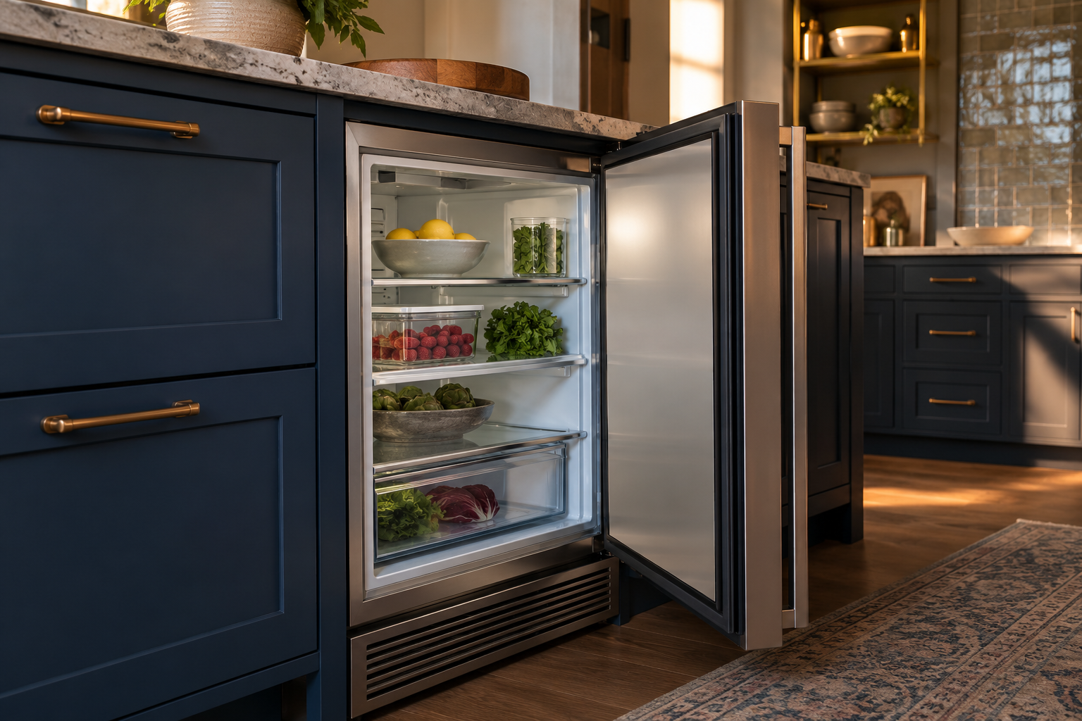 Illustrative Sub-Zero undercounter refrigerator in a residential kitchen — AI image for Sub-Zero Repair New Castle