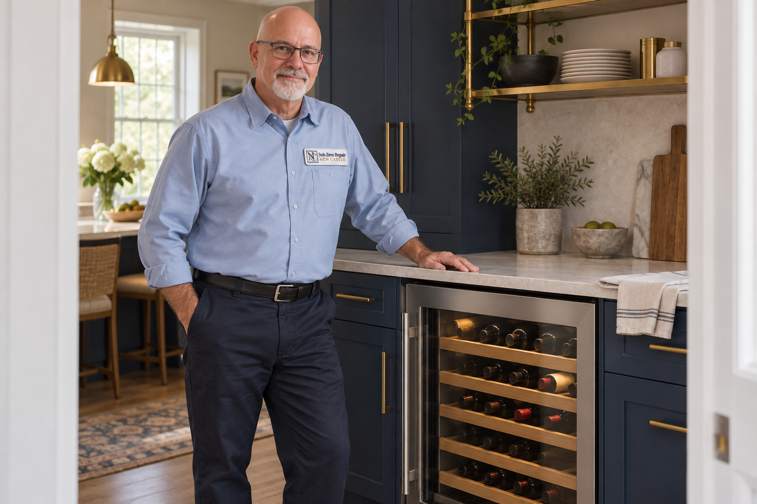 Fictional technician beside a Sub-Zero wine cooler — AI illustration for Sub-Zero Repair New Castle
