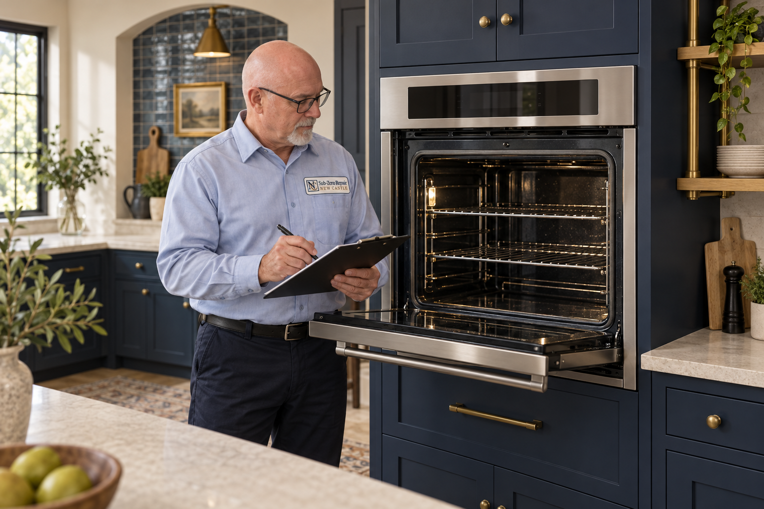 Fictional technician beside a Wolf oven — AI illustration for Sub-Zero Repair New Castle